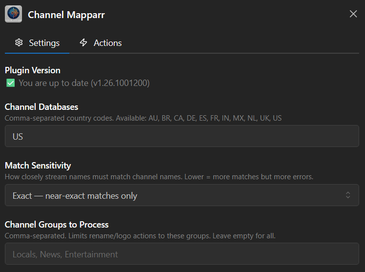 Channel Mapparr settings with Channel Databases, Match Sensitivity, and Dry Run Mode
