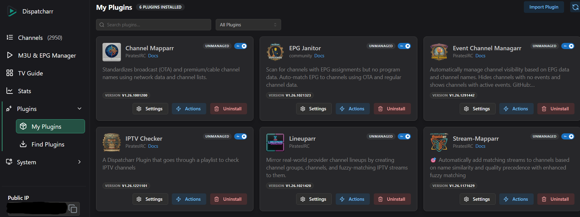 Dispatcharr Plugins page with all six plugins installed