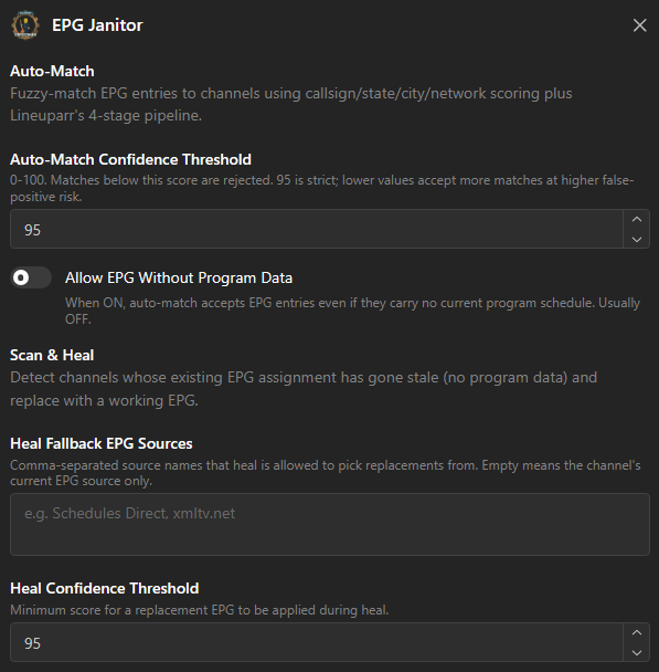 EPG Janitor settings with EPG Sources to Match and the two confidence thresholds