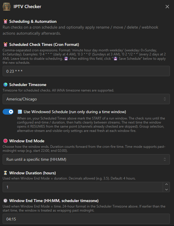 Enable Scheduled Checks with a cron expression and Windowed Schedule enabled