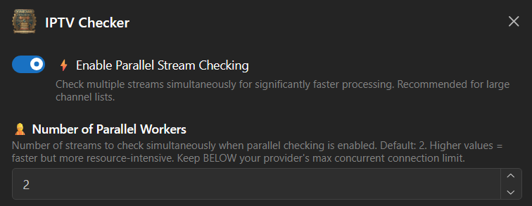 IPTV Checker settings panel with parallel workers and scheduler visible