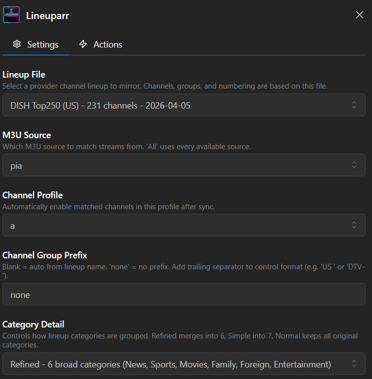 Lineuparr settings with Lineup File, M3U Source, and Channel Profile fields